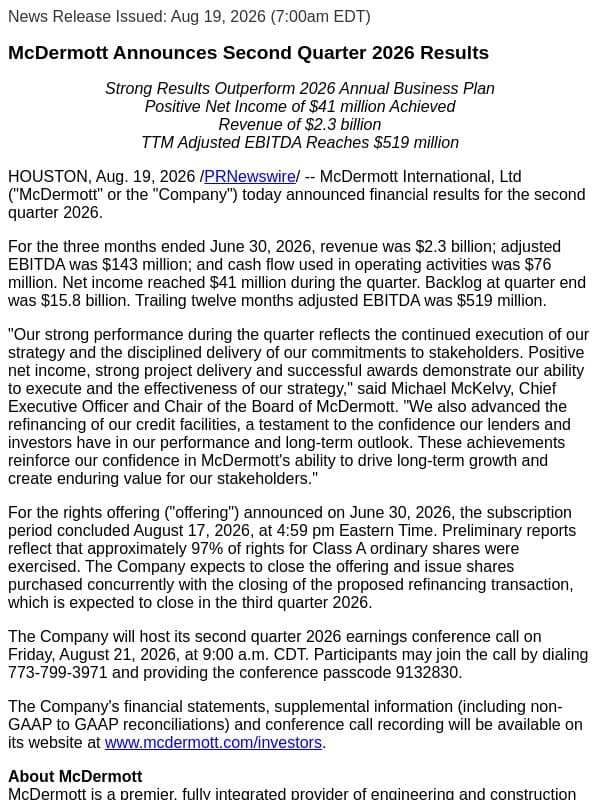 McDermott Announces Second Quarter 2026 Results email from McDermott International