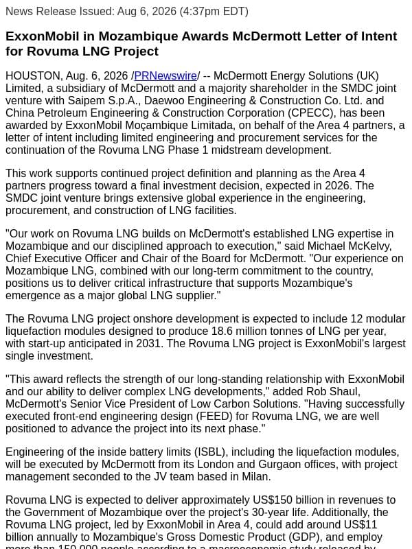 ExxonMobil in Mozambique Awards McDermott Letter of Intent for Rovuma LNG Project email from McDermott International
