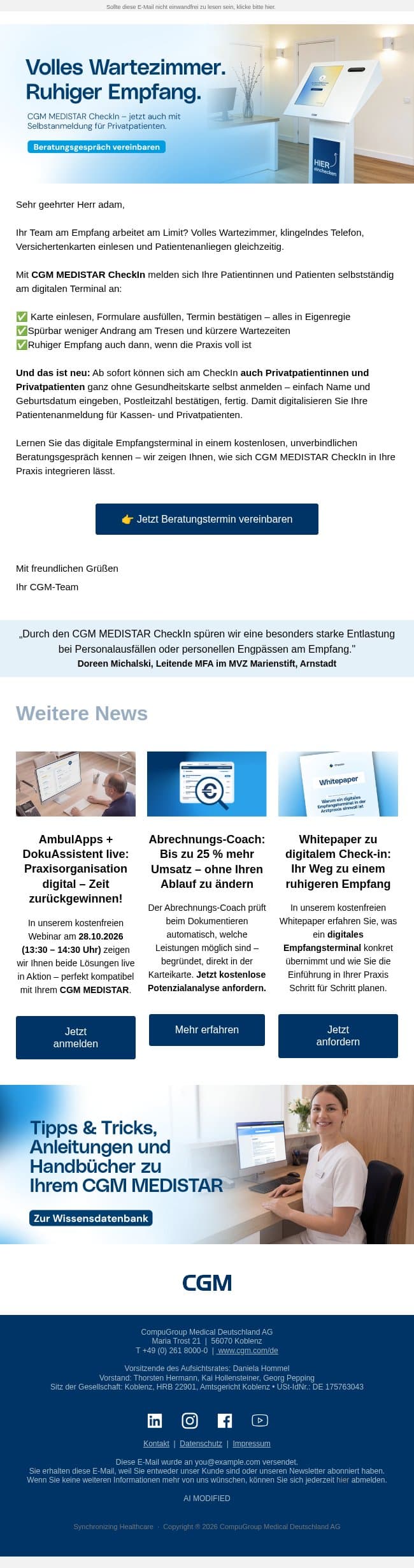 Volles Wartezimmer, ruhiger Empfang – geht das? email from Medistar screenshot