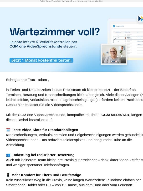 Mehr Entlastung in der Urlaubszeit: VideoSprechstunde für leichte Fälle mit CGM MEDISTAR email from Medistar