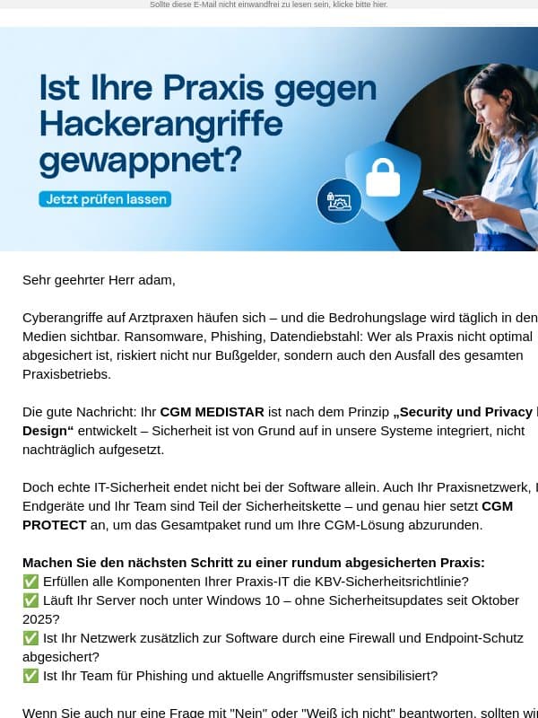 Ist Ihre Praxis gegen Hackerangriffe gewappnet? Jetzt prüfen lassen! email from Medistar