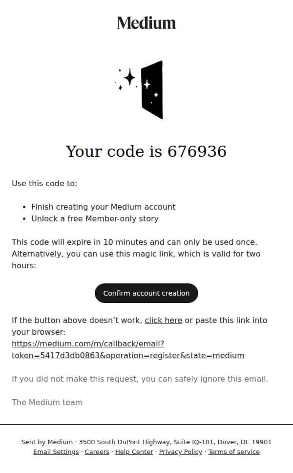 Your login code is 676936 email from Medium.com (psychic & intuitive content creators) screenshot