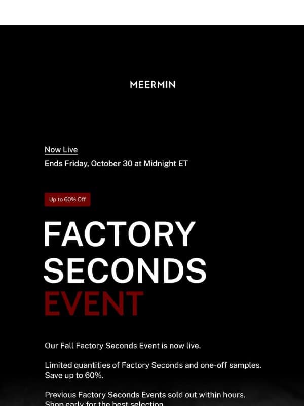The Factory Seconds Sale is Live email from Meermin Mallorca