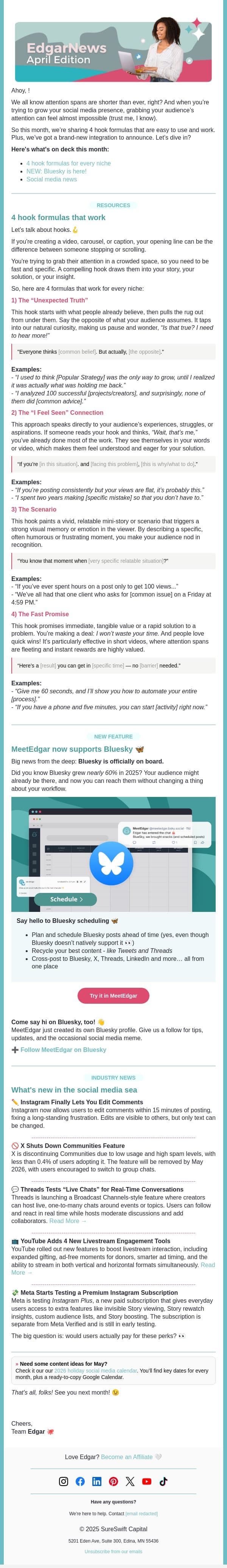 🦋 Hooks, Bluesky, and platform updates email from MeetEdgar screenshot