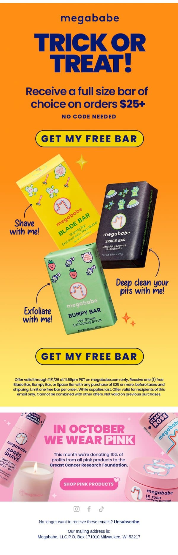 We’re the house giving out full size bars 🎃 email from Megababe screenshot