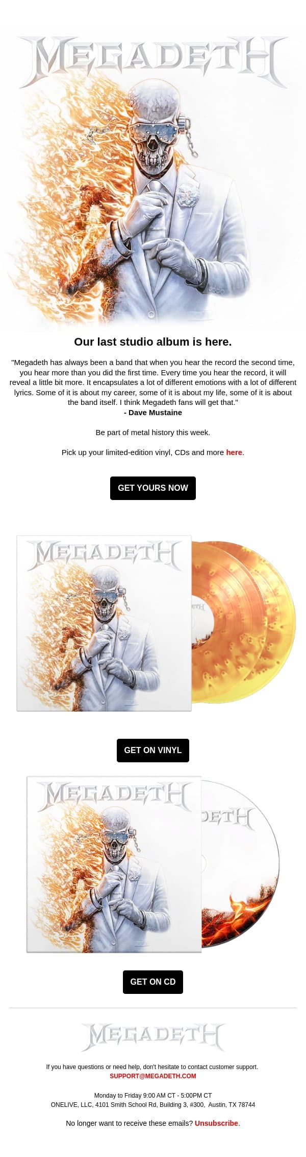 Our last ever studio album is here. email from Megadeth screenshot