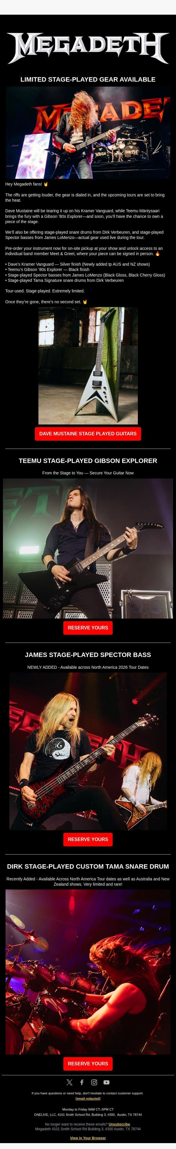 Get Your Hands on Stage Played Instruments email from Megadeth screenshot