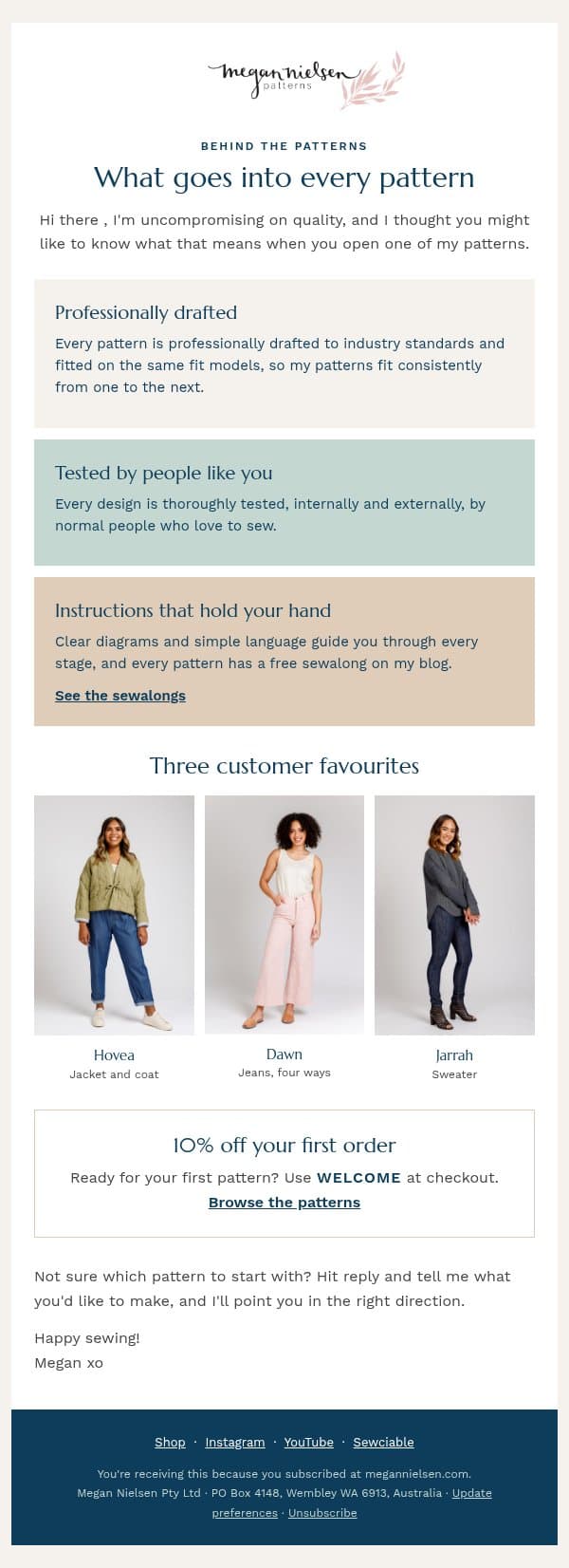What goes into every pattern (and three favourites) email from Megan Nielsen Patterns screenshot