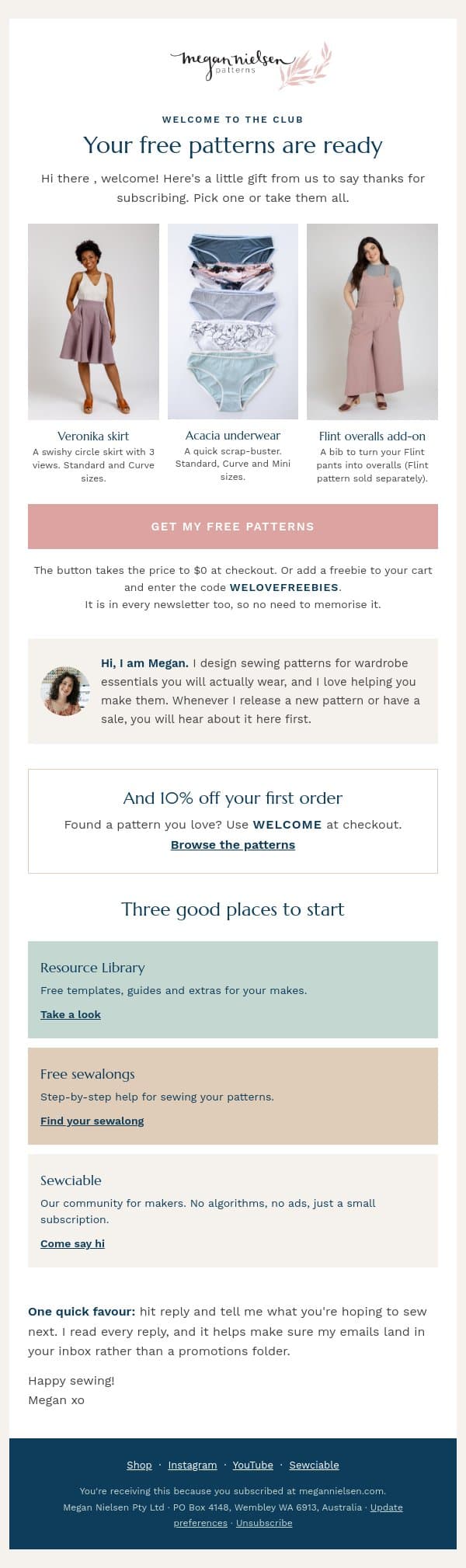 Welcome! Your free patterns are inside email from Megan Nielsen Patterns screenshot
