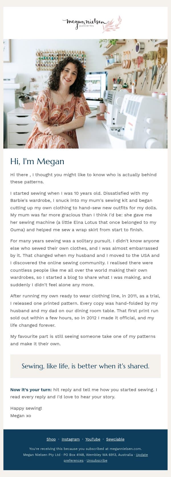 Hi, I'm Megan (and how this all began) email from Megan Nielsen Patterns screenshot