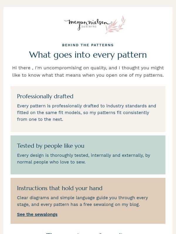 What goes into every pattern (and three favourites) email from Megan Nielsen Patterns
