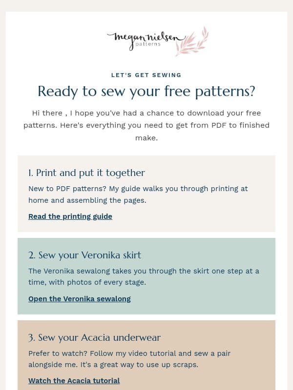 How to sew your free patterns email from Megan Nielsen Patterns
