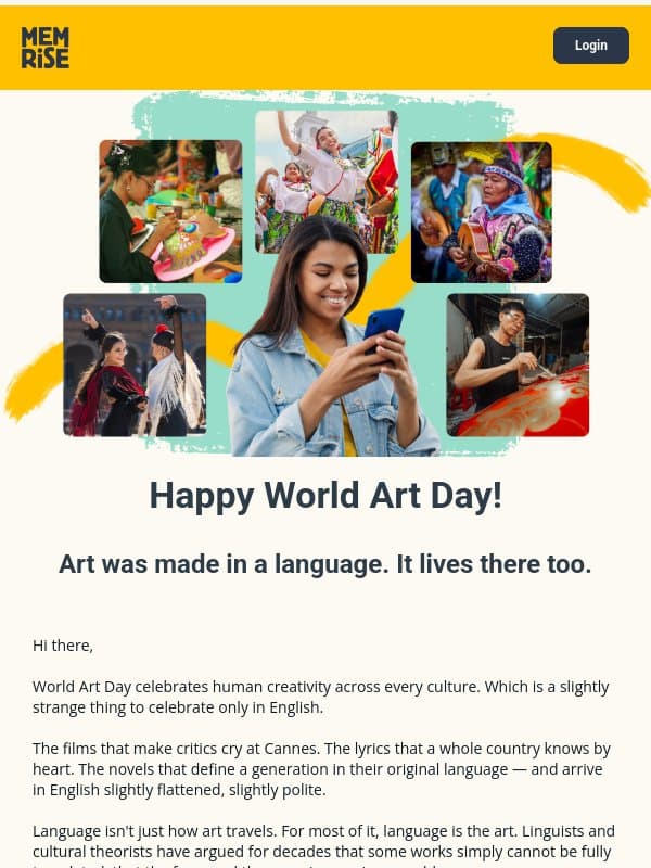 Happy World Art Day: 60% off Lifetime PRO. email from Memrise