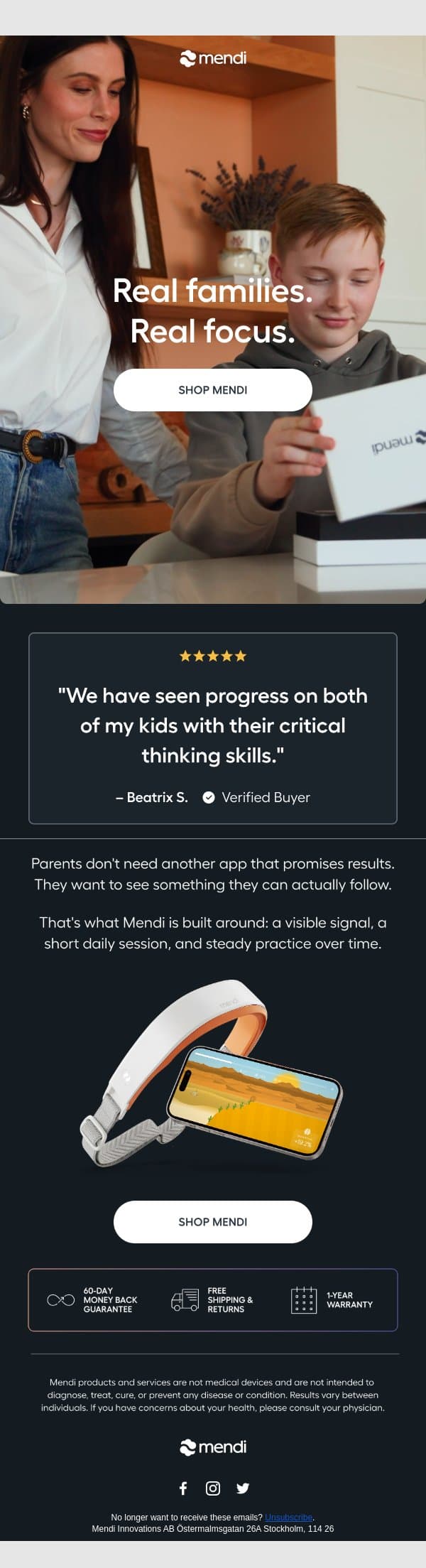 "We've seen progress with both of my kids" email from Mendi screenshot