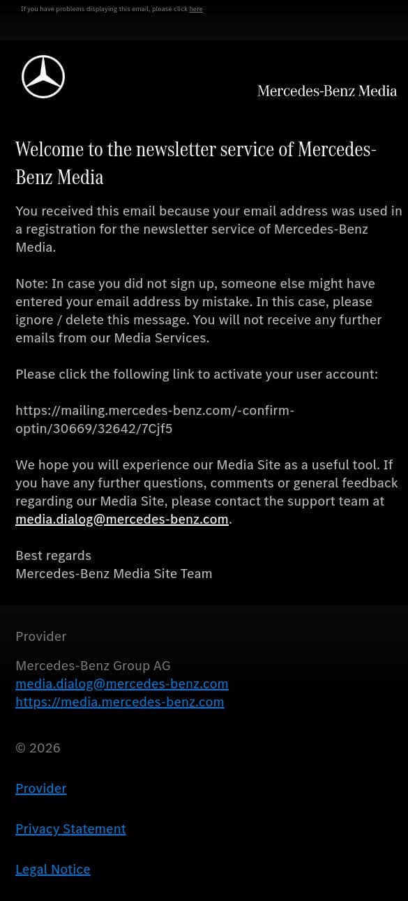 Newsletter subscription email from Mercedes-Benz Group AG screenshot