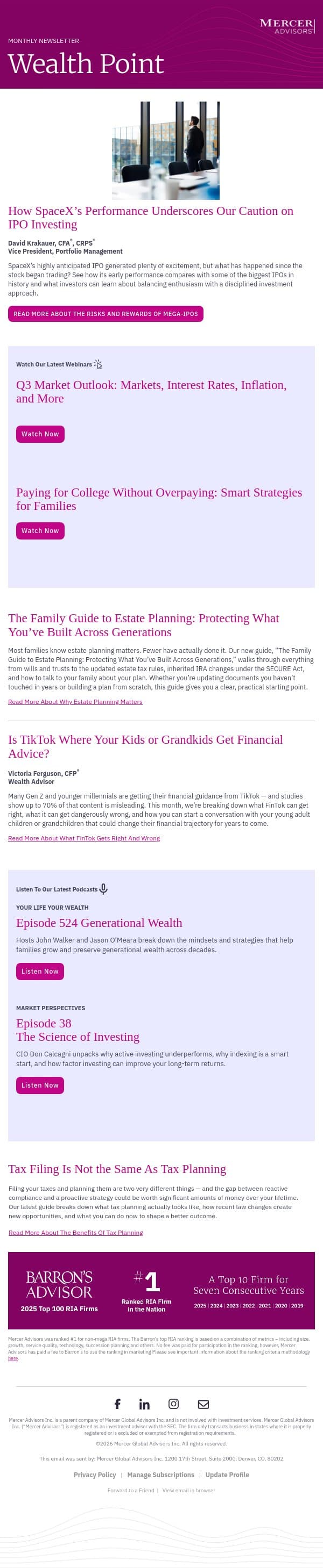 Learnings From the SpaceX IPO | Family Guide to Estate Planning email from Mercer Advisors screenshot