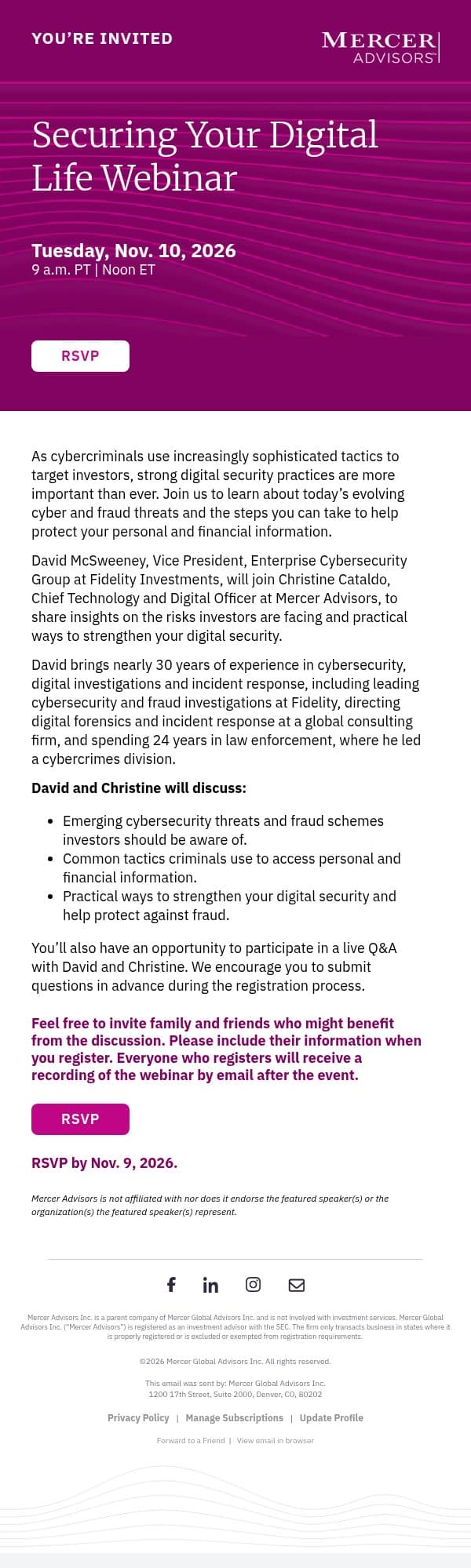 You’re Invited: Securing Your Digital Life Webinar email from Mercer Advisors screenshot