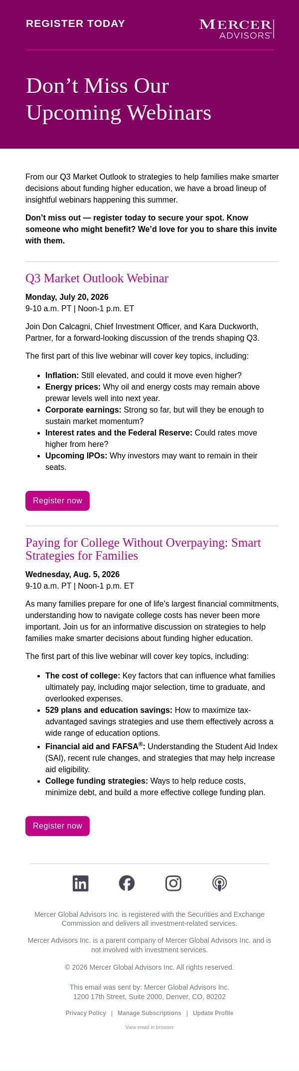 Webinar Lineup: Q3 Market Outlook and Paying for College. RVSP Today. email from Mercer Advisors screenshot