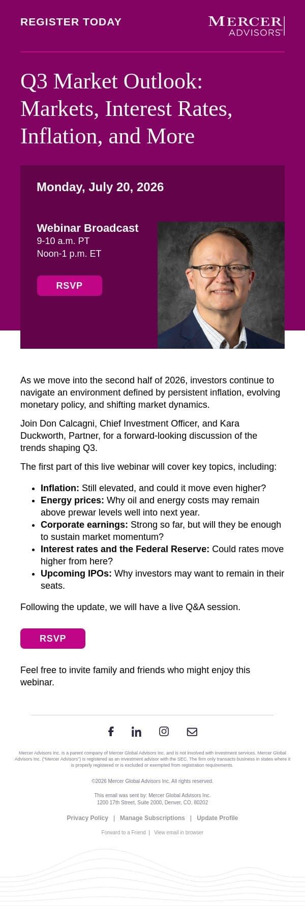 Register Now: Q3 Market Outlook — Markets, Interest Rates, Inflation, and More email from Mercer Advisors screenshot