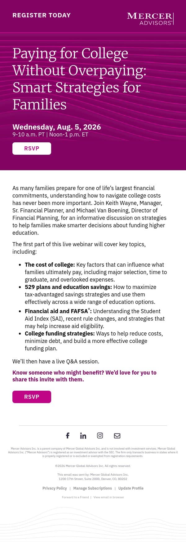 Register Today — Paying for College Without Overpaying Webinar email from Mercer Advisors screenshot
