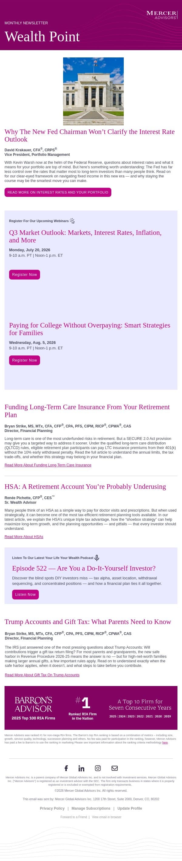 What the New Fed Chair Can't Control | Funding LTC Insurance email from Mercer Advisors screenshot