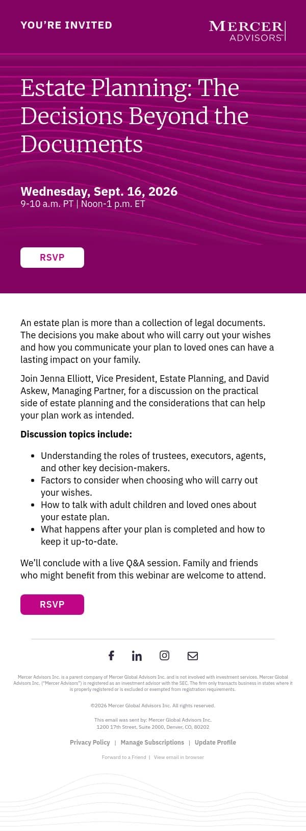 RSVP Today: Estate Planning Beyond the Documents Webinar email from Mercer Advisors screenshot