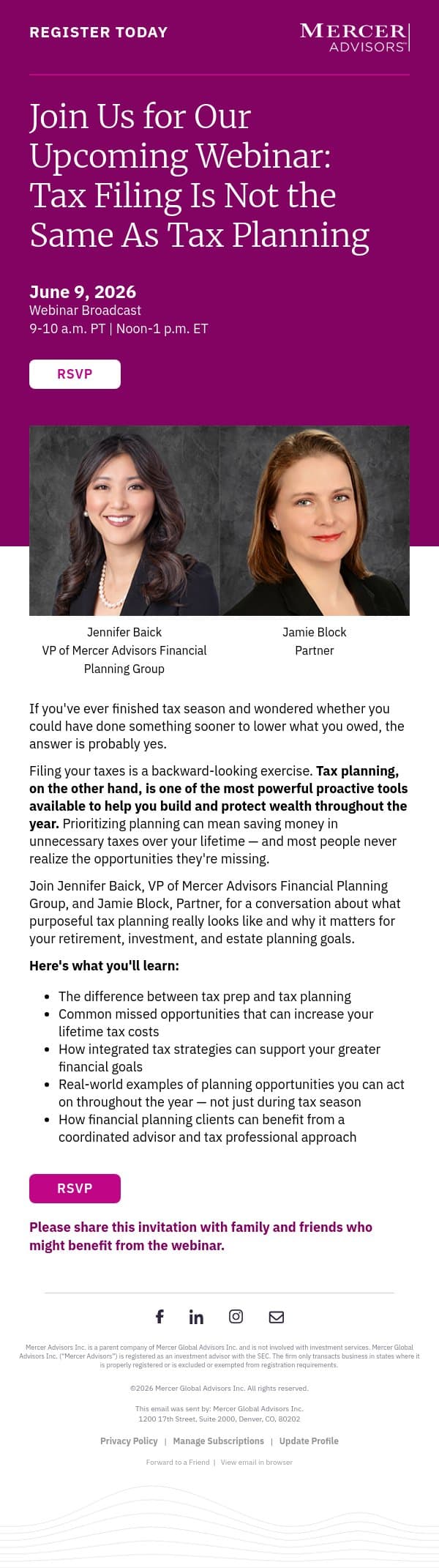 RSVP: Tax Filing Is Not the Same As Tax Planning Webinar email from Mercer Advisors screenshot