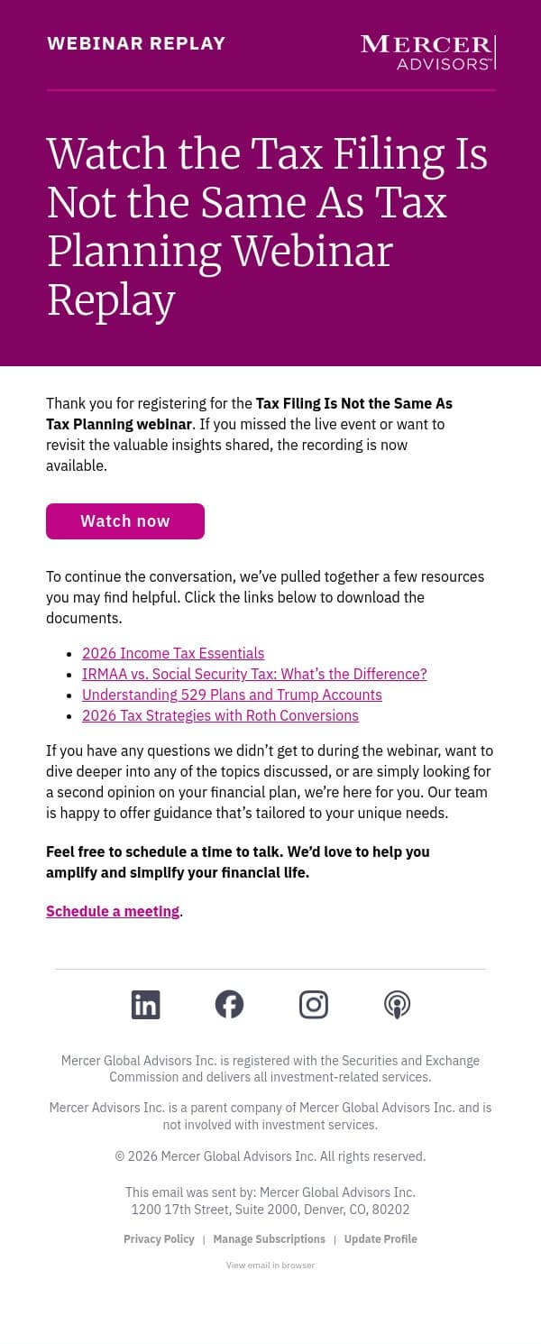 Watch The Webinar Replay: Tax Filing Is Not The Same As Tax Planning email from Mercer Advisors screenshot