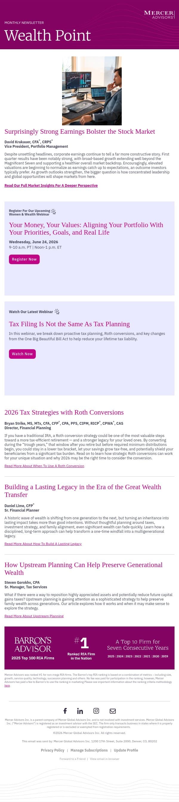 Earnings Bolster Stock Market | 2026 Tax Strategies With Roth Conversions email from Mercer Advisors screenshot