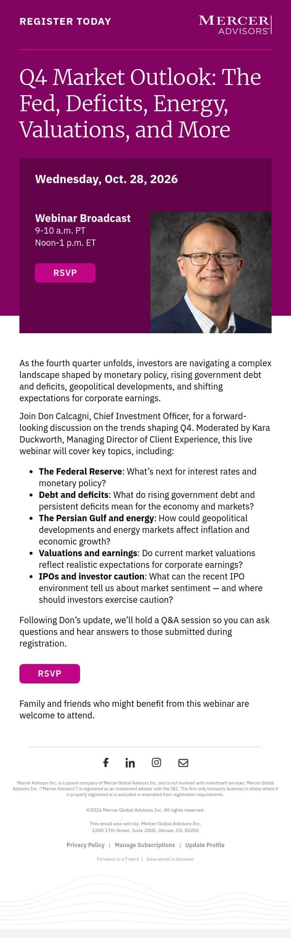 Last Chance To Register for the Q4 Market Outlook Webinar email from Mercer Advisors screenshot