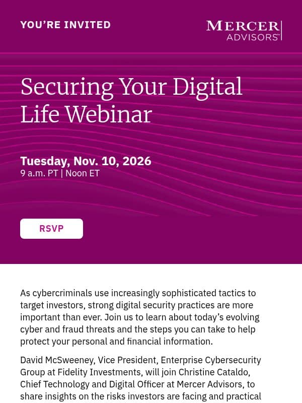 You’re Invited: Securing Your Digital Life Webinar email from Mercer Advisors