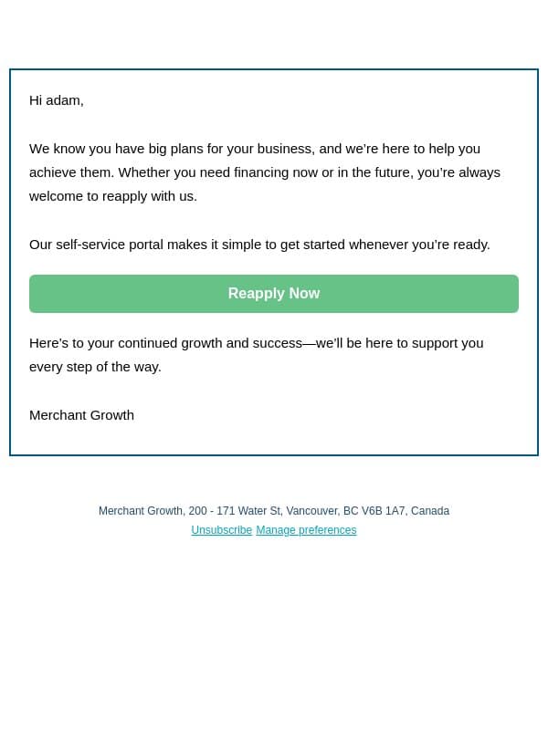 We're Here When You’re Ready email from Merchant Growth