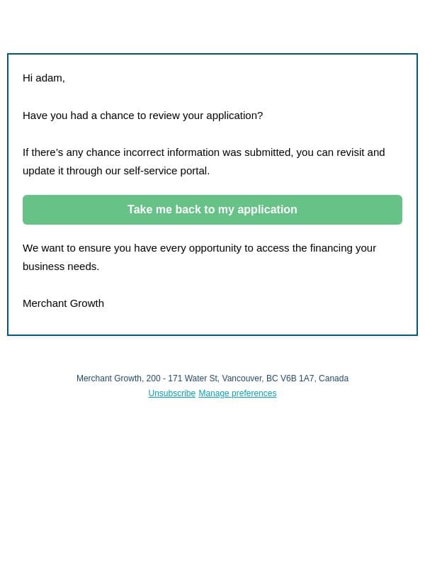 A Quick Fix Could Mean a Yes email from Merchant Growth