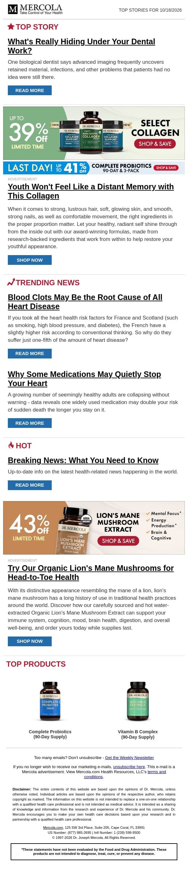 What's Really Hiding Under Your Dental Work? email from Mercola screenshot