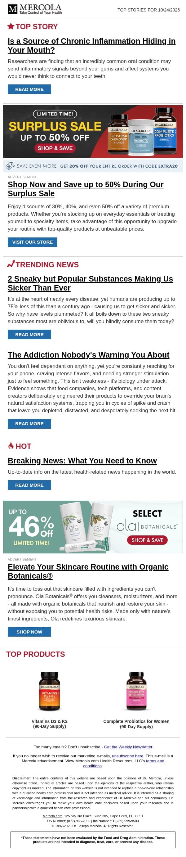 Is a Source of Chronic Inflammation Hiding in Your Mouth? email from Mercola screenshot