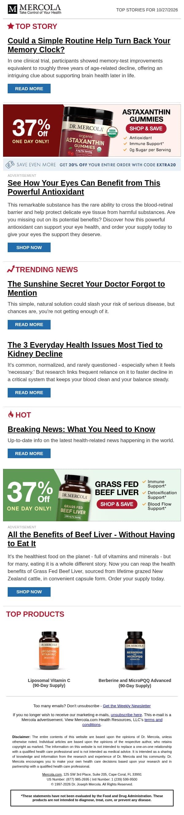 Could a Simple Routine Help Turn Back Your Memory Clock? email from Mercola screenshot