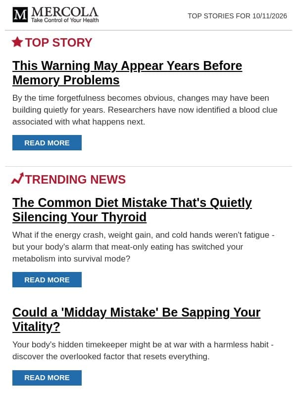 This Warning May Appear Years Before Memory Problems email from Mercola