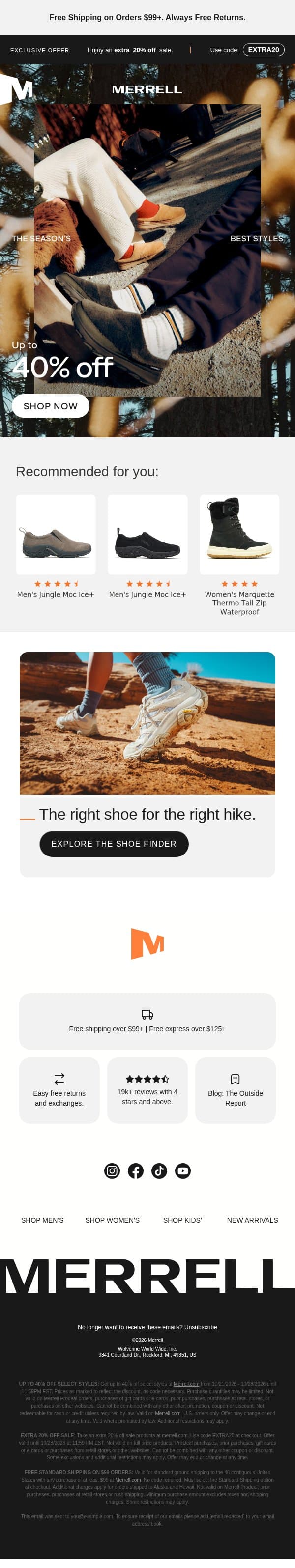 Don't miss up to 40% off + an extra 20% off email from Merrell screenshot