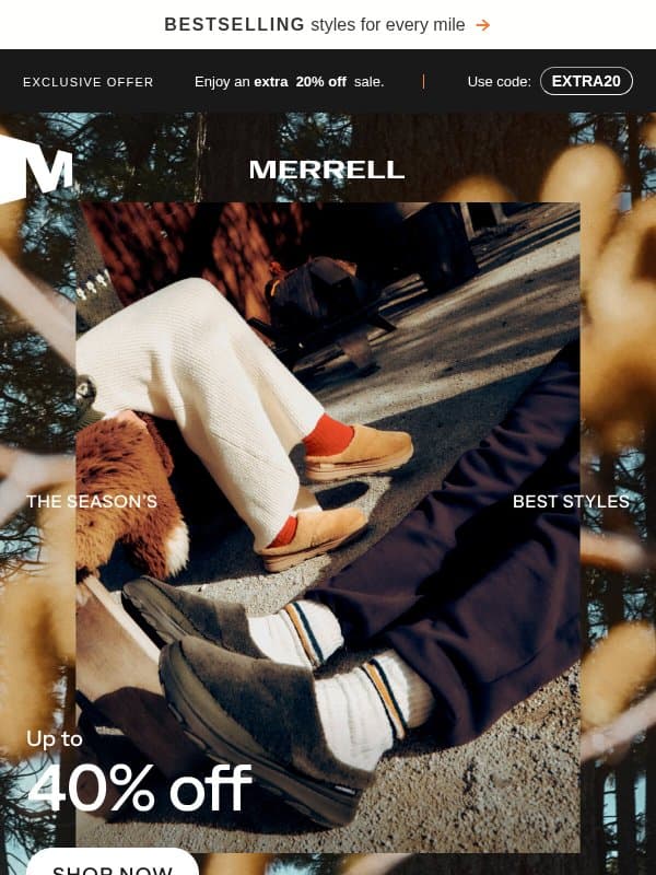 Final call: Extra 20% off ends tonight email from Merrell