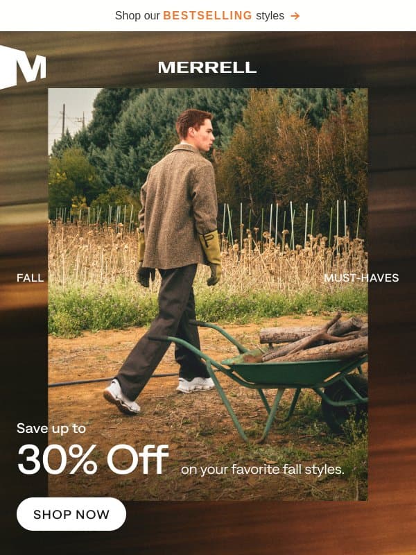 Final hours: up to 30% off ends tonight email from Merrell