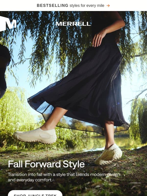 Fall forward in the Jungle Trek Mule email from Merrell