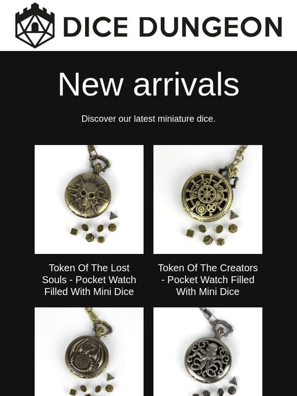 New Arrivals, Little and Large! Miniature and new oversized dice now available. email from Metal Dice