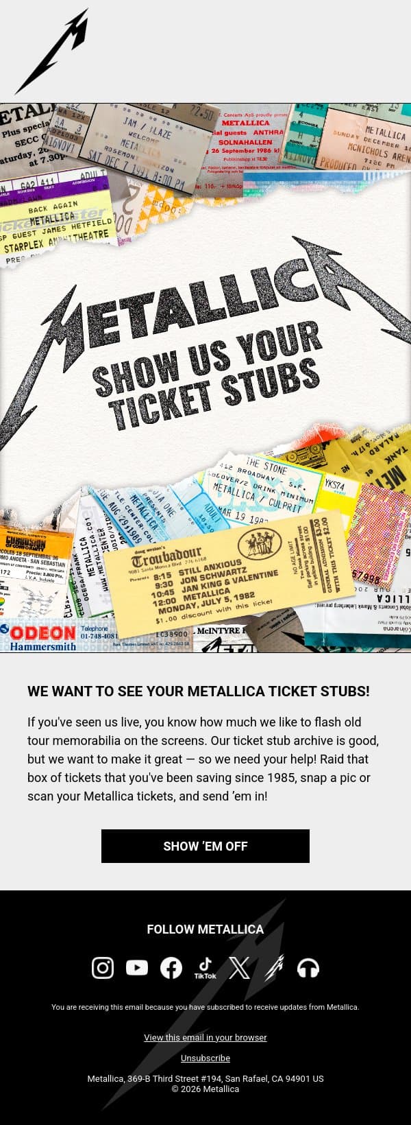 🎫 Show Us Your Ticket Stubs! email from Metallica screenshot
