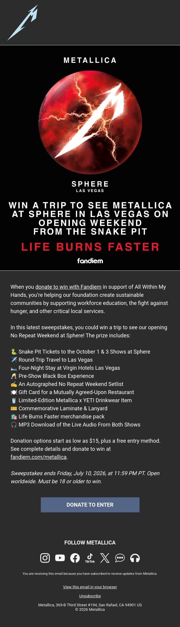 ⚡ Win Snake Pit Passes for Opening Weekend at Sphere email from Metallica screenshot