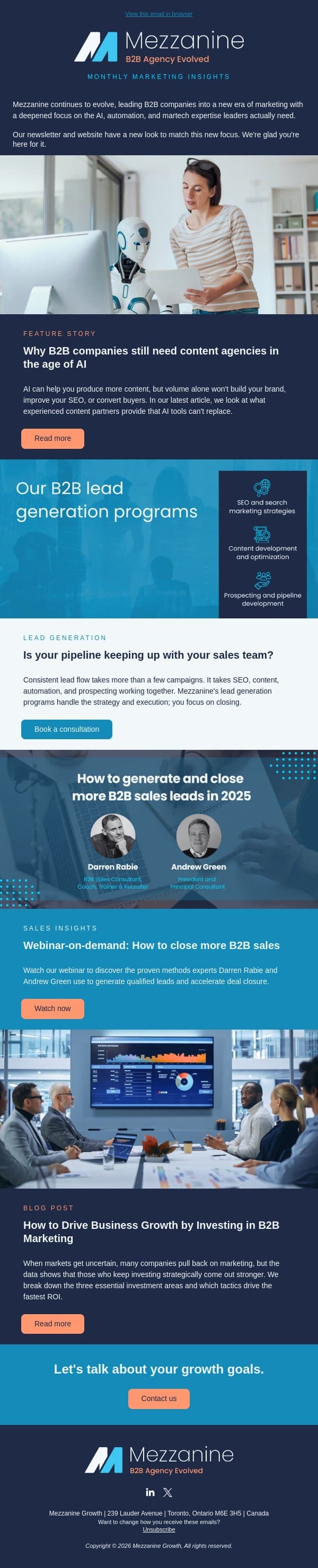 Is your B2B content program keeping up with your AI tools? email from Mezzanine Growth Agents screenshot
