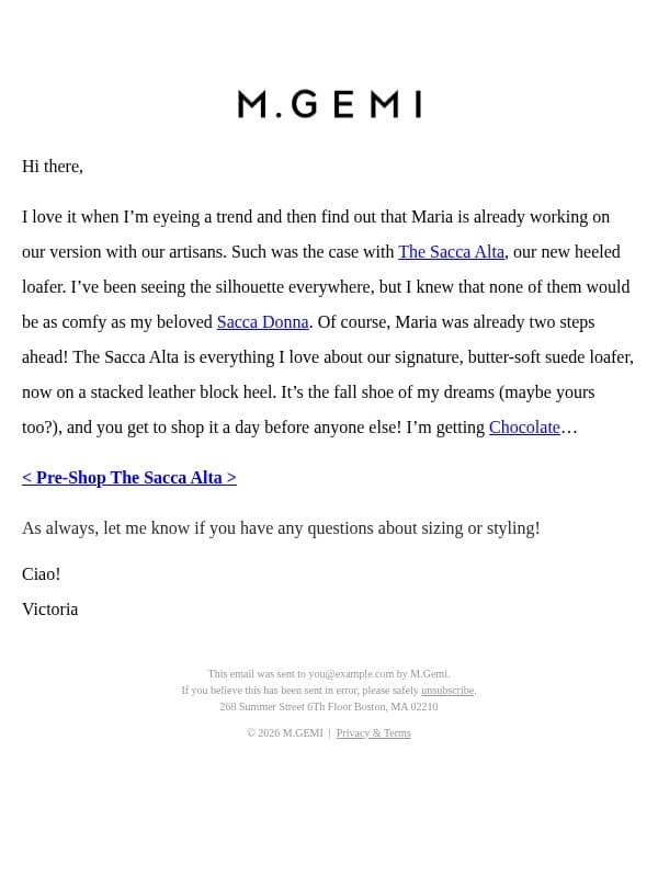 Pre-Shop The Sacca Alta email from M.Gemi