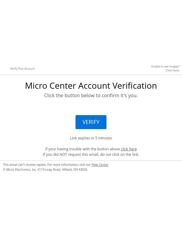 Micro Center Account Verification email from Micro Center screenshot