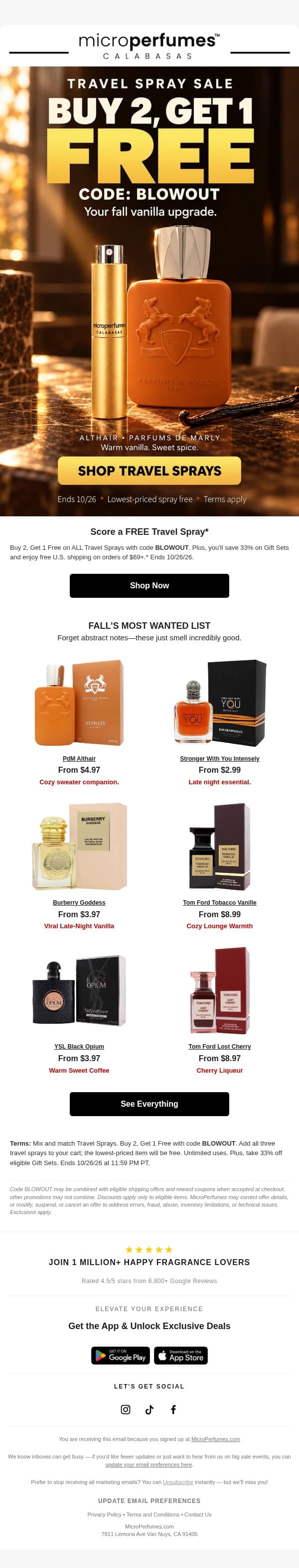 OOPS! WE ORDERED TOO MUCH ππ¦ MAJOR FALL DEALS! email from MicroPerfumes screenshot