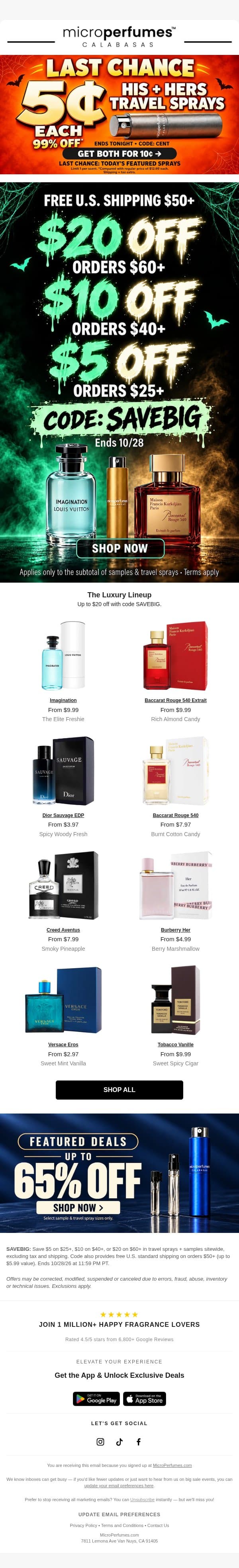 🚨 LAST CHANCE: TODAY'S 5¢ SPRAYS END TONIGHT! email from MicroPerfumes screenshot