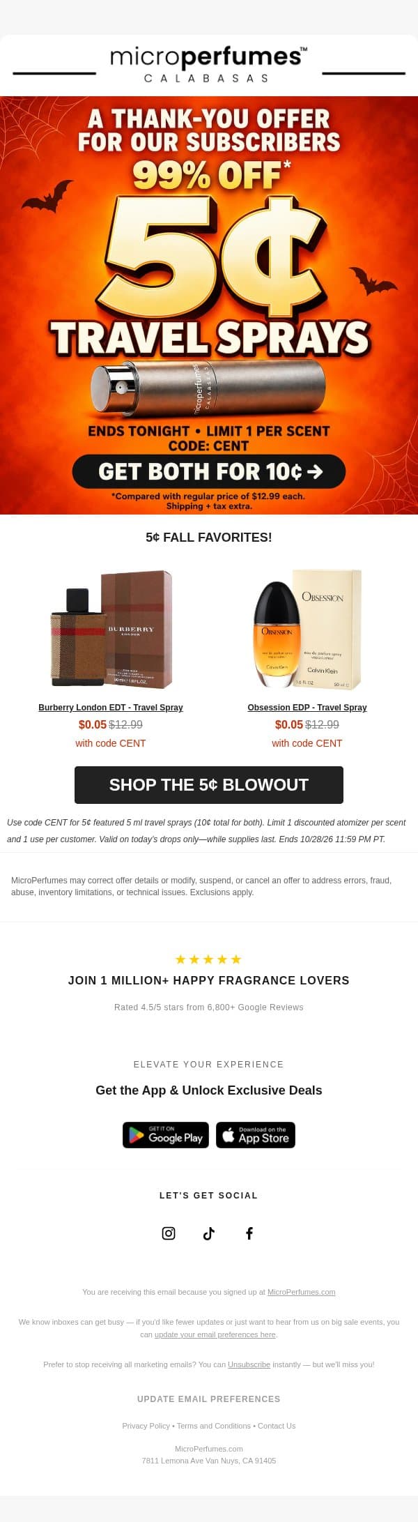 JUST DROPPED: 5¢ TRAVEL SPRAYS! email from MicroPerfumes screenshot